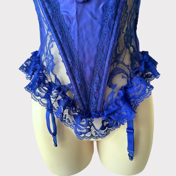Vintage Satin Lace Wired U-Gore Bustier, Size S, Royal Blue - Picture 7 of 12